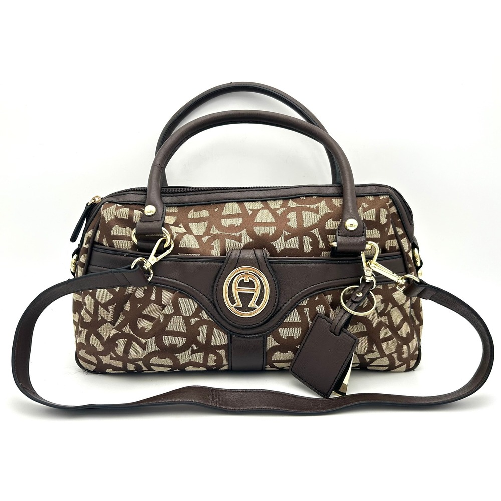 Etienne Aigner Brown Monogram Jacquard Satchel Handbag with Shoulder Strap